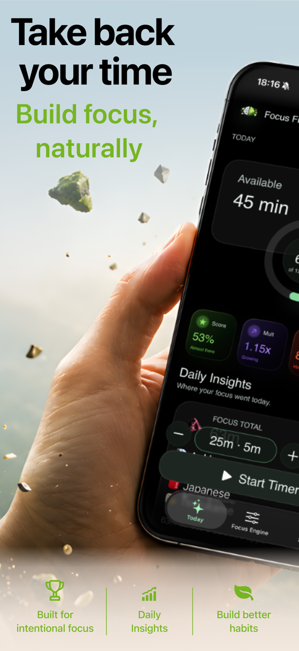 FocusFirst Today dashboard with available earned time, focus score and multiplier