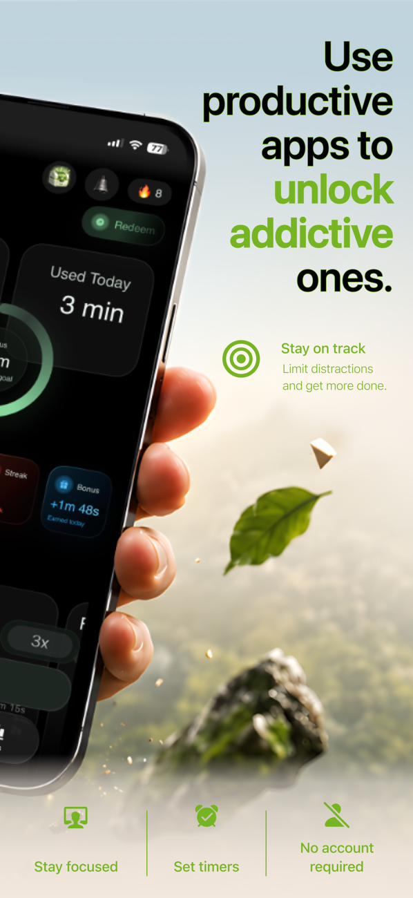 FocusFirst showing productive apps unlocking addictive ones with streaks and bonus time