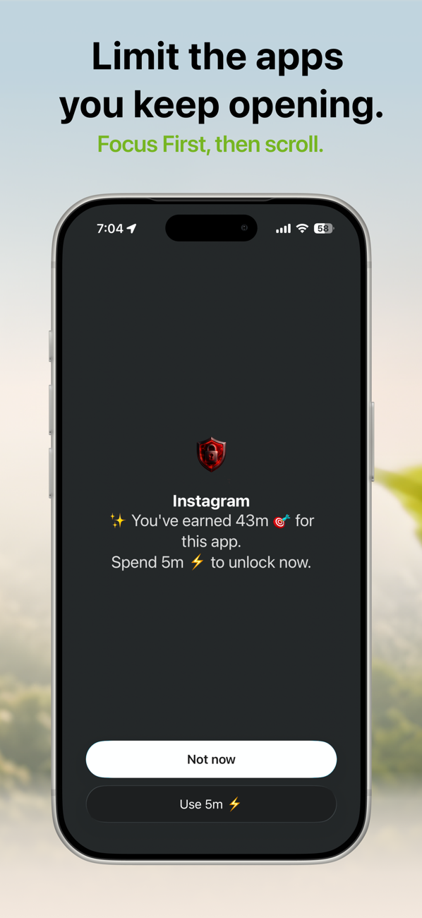 FocusFirst shield over Instagram asking whether to spend earned time to unlock