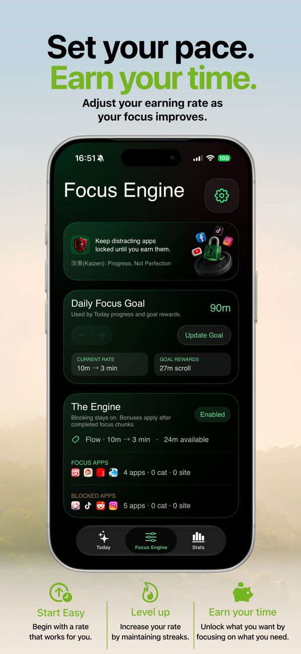 FocusFirst Focus Engine screen with daily focus goal, earning rate of 10 minutes focus to 3 minutes scroll, and lists of focus and blocked apps